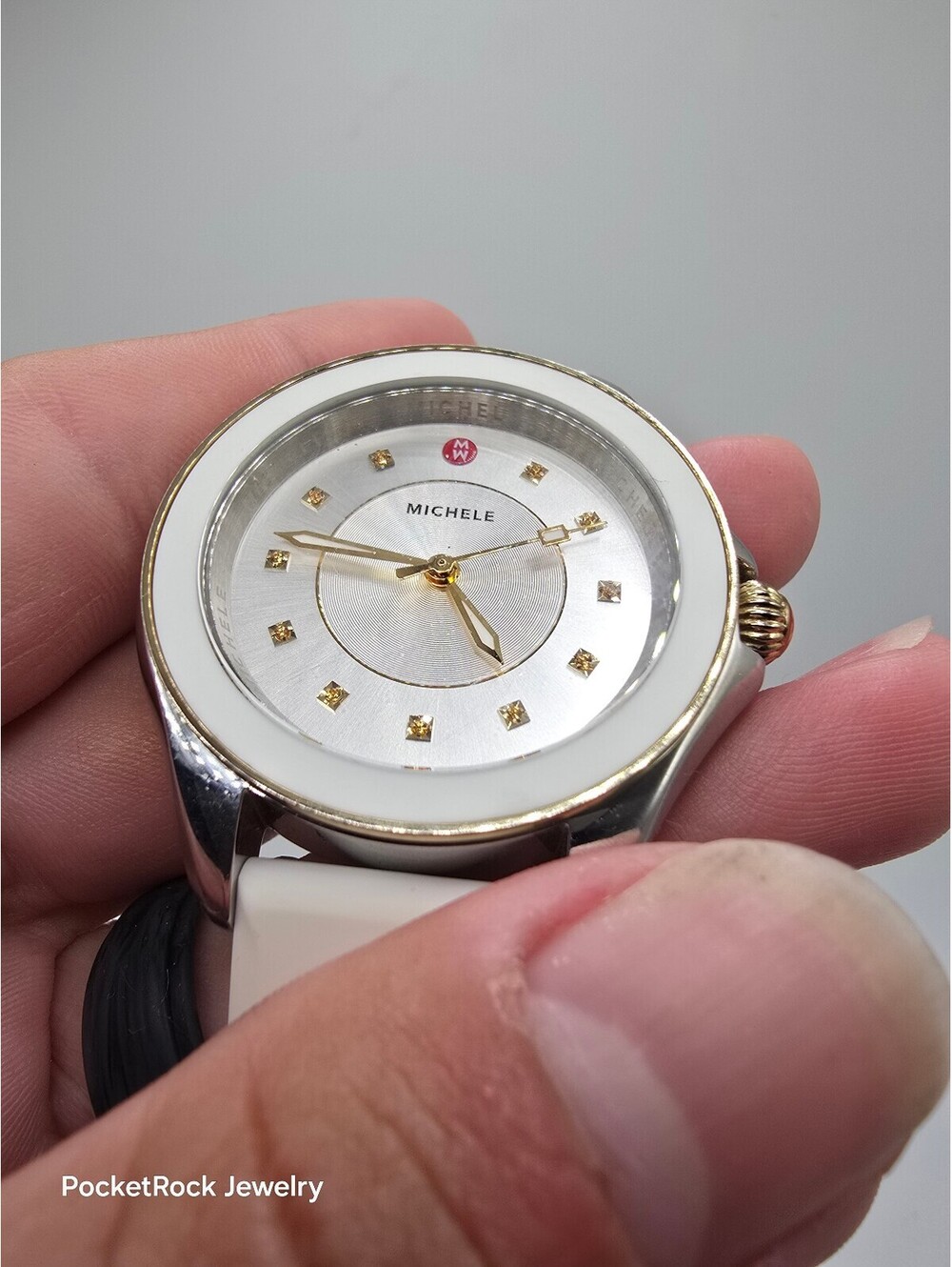 MICHELE Cape Women’s Quartz Silver Dial White Silicone Strap Watch 50m